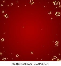 Gold sparkling star confetti. Chaotic dreamy childish overlay template. Festive stars vector illustration on red background.