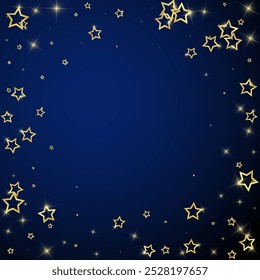 Gold sparkling star confetti. Chaotic dreamy childish overlay template. Festive stars vector illustration on dark blue background.