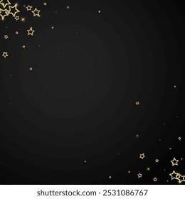 Gold sparkling star confetti. Chaotic dreamy childish overlay template. Festive stars vector illustration on black background.