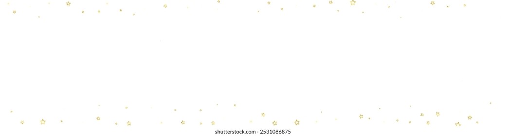 Gold sparkling star confetti. Chaotic dreamy childish overlay template. Festive stars vector illustration on white background.