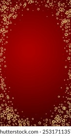 Gold sparkling star confetti. Chaotic dreamy childish overlay template. Festive stars vector illustration on red background.