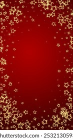Gold sparkling star confetti. Chaotic dreamy childish overlay template. Festive stars vector illustration on red background.