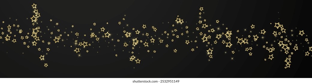 Gold sparkling star confetti. Chaotic dreamy childish overlay template. Festive stars vector illustration on black background.
