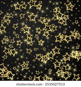 Gold sparkling star confetti. Chaotic dreamy childish overlay template. Festive stars vector illustration on black background.