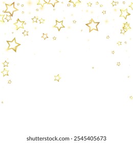 Gold sparkling star confetti. Chaotic dreamy childish overlay template. Festive stars vector illustration on white background.