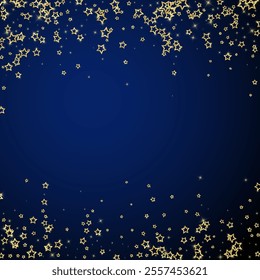 Gold sparkling star confetti. Chaotic dreamy childish overlay template. Festive stars vector illustration on dark blue background.