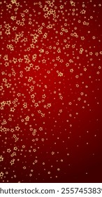 Gold sparkling star confetti. Chaotic dreamy childish overlay template. Festive stars vector illustration on red background.