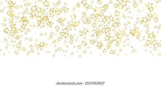 Gold sparkling star confetti. Chaotic dreamy childish overlay template. Festive stars vector illustration on white background.