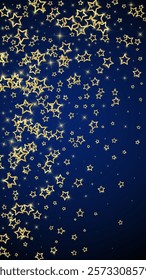 Gold sparkling star confetti. Chaotic dreamy childish overlay template. Festive stars vector illustration on dark blue background.