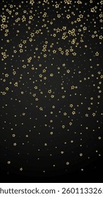 Gold sparkling star confetti. Chaotic dreamy childish overlay template. Festive stars vector illustration on black background.