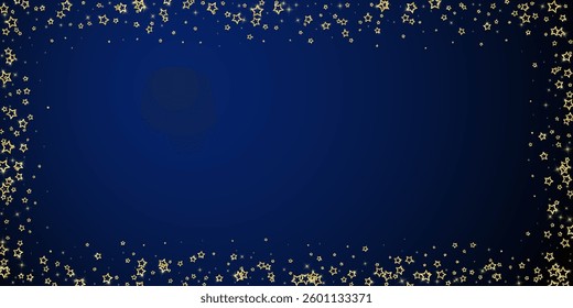 Gold sparkling star confetti. Chaotic dreamy childish overlay template. Festive stars vector illustration on dark blue background.