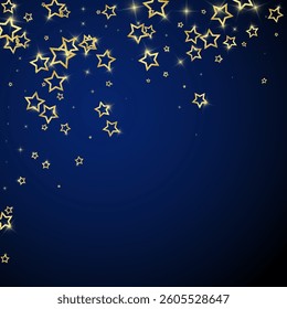 Gold sparkling star confetti. Chaotic dreamy childish overlay template. Festive stars vector illustration on dark blue background.