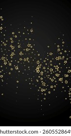 Gold sparkling star confetti. Chaotic dreamy childish overlay template. Festive stars vector illustration on black background.