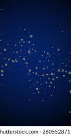 Gold sparkling star confetti. Chaotic dreamy childish overlay template. Festive stars vector illustration on dark blue background.