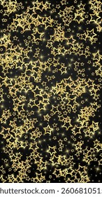 Gold sparkling star confetti. Chaotic dreamy childish overlay template. Festive stars vector illustration on black background.
