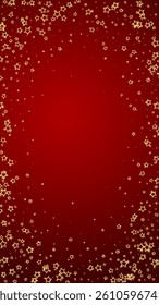 Gold sparkling star confetti. Chaotic dreamy childish overlay template. Festive stars vector illustration on red background.