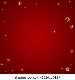 Gold sparkling star confetti. Chaotic dreamy childish overlay template. Festive stars vector illustration on red background.