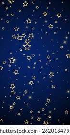 Gold sparkling star confetti. Chaotic dreamy childish overlay template. Festive stars vector illustration on dark blue background.