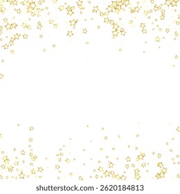 Gold sparkling star confetti. Chaotic dreamy childish overlay template. Festive stars vector illustration on white background.