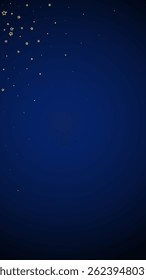 Gold sparkling star confetti. Chaotic dreamy childish overlay template. Festive stars vector illustration on dark blue background.