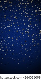 Gold sparkling star confetti. Chaotic dreamy childish overlay template. Festive stars vector illustration on dark blue background.
