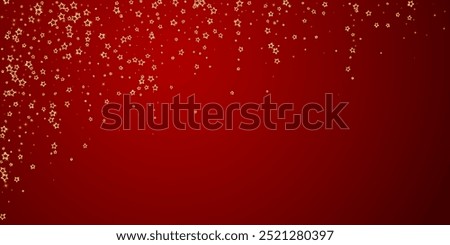 Gold sparkling star confetti. Chaotic dreamy childish overlay template. Festive stars vector illustration on red background.