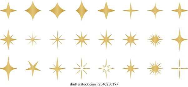 Gold sparkling star shapes, vector illustration set, quality mark or label, golden holiday clip art illustration, decorative elements set