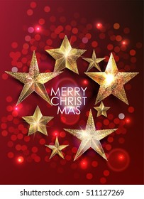 Gold sparkling stars on the red background. Christmas decorations. Vector illustration