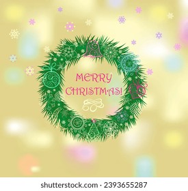 Gold sparkly banner with Christmas wreath with conifer branches and lacy golden decoration