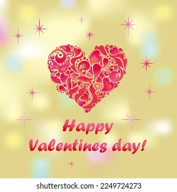 Gold sparkly banner with decorative red or hot pink heart shape and stars for 14th February happy Valentine's day wish card or poster