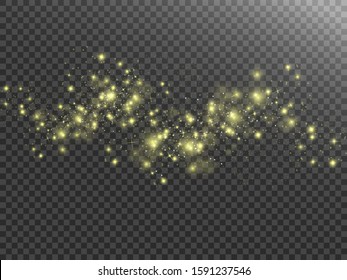 Gold sparks glitter special light effect. Vector sparkles on transparent background. Christmas abstract pattern. Sparkling magic dust particle