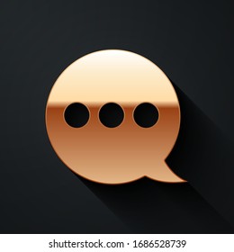 Gold Speech bubble chat icon isolated on black background. Message icon. Communication or comment chat symbol. Long shadow style. Vector Illustration