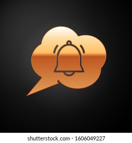 Gold Speech bubble with chat notification icon isolated on black background. New message, dialog, chat, social network notification.  Vector Illustration