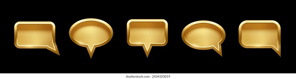 Gold speech bubble frames set for picture with shadow on black background. Ellipse and square blank space for picture, painting. 3d realistic tube template vector illustration. Simple object mockup.
