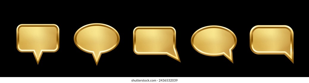 Gold speech bubble frames set for picture with shadow on black background. Ellipse and square blank space for picture, painting. 3d realistic tube template vector illustration. Simple object mockup.