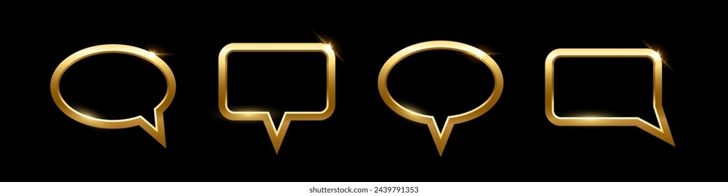 Gold speech bubble frames set for picture with shadow on black background. Ellipse and square blank space for picture, painting. 3d realistic tube template vector illustration. Simple object mockup.