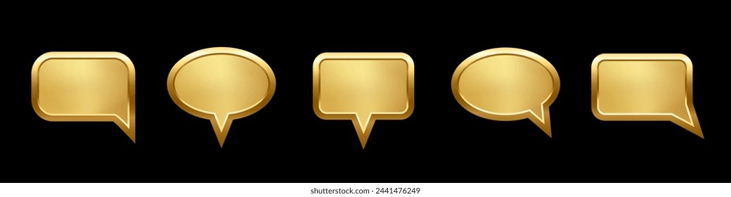 Gold speech bubble frames set for picture with shadow on black background. Ellipse and square blank space for picture, painting. 3d realistic tube template vector illustration. Simple object mockup.