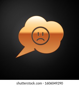Gold Speech bubble with sad smile icon isolated on black background. Emoticon face.  Vector Illustration