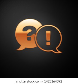 Gold Speech bubbles with Question and Exclamation icon isolated on black background. FAQ sign. Copy files, chat speech bubble and chart.  Vector Illustration