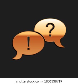 Goldsprachblasen mit Fragestellungs- und Ausrufezeichen markieren Symbol einzeln auf schwarzem Hintergrund. FAQ-Zeichen. Kopieren Sie Dateien, chatten Sie Sprachblase. Lange Schattenstil. Vektorgrafik.