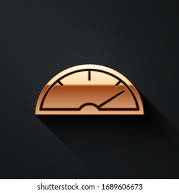 Gold Speedometer icon isolated on black background. Long shadow style. Vector Illustration
