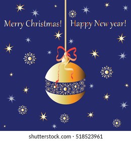 Gold sphere. Greetings from the Christmas toys. Banner design, poster, greeting cards, invitations for the celebration.