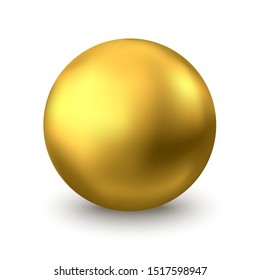 Gold sphere. Oil bubble isolated on white background. Golden glossy 3d ball or precious pearl. Yellow serum or collagen drops. Vector decoration element for skincare cosmetic package. 