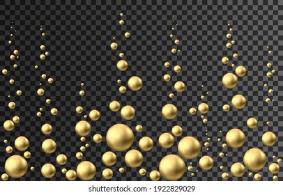 Gold sphere. Oil bubble isolated on black background. Golden glossy 3d ball or precious pearl. Yellow serum or collagen drops. Vector decoration element for skincare cosmetic package. 