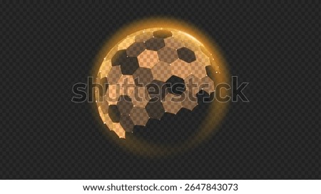Gold sphere shield hexagon. 3d energy protect background. Tech ball dome effect with honeycomb pattern. Energy light circle force field barrier. Abstract technology vector cell with glass glow bubble.