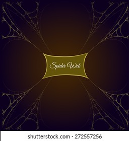 Gold spider web frame with center label content. Elastic motion spider webs border template. vector illustration