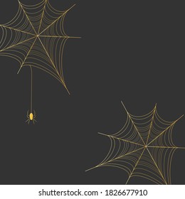 Gold spiderweb on black background. Halloween design elements. Spooky Scary horror decor vector.