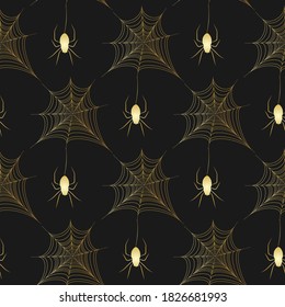 Gold spiderweb pattern on black background. Halloween design elements. Spooky Scary horror decor vector.