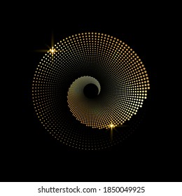 Gold Spiral background logo design, round dots texture geometric Op Art dotted circles. Trendy golden vortex element isolated for frame, icon, business sign, symbol, web, prints, posters, template