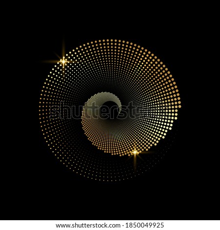 Gold Spiral background logo design, round dots texture geometric Op Art dotted circles. Trendy golden vortex element isolated for frame, icon, business sign, symbol, web, prints, posters, template